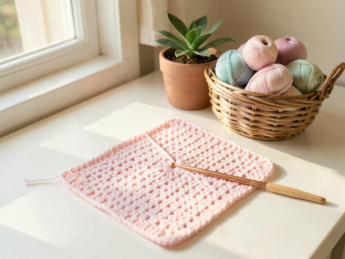 A cosy crochet workspace with yarn baskets, hooks and finished handmade pieces